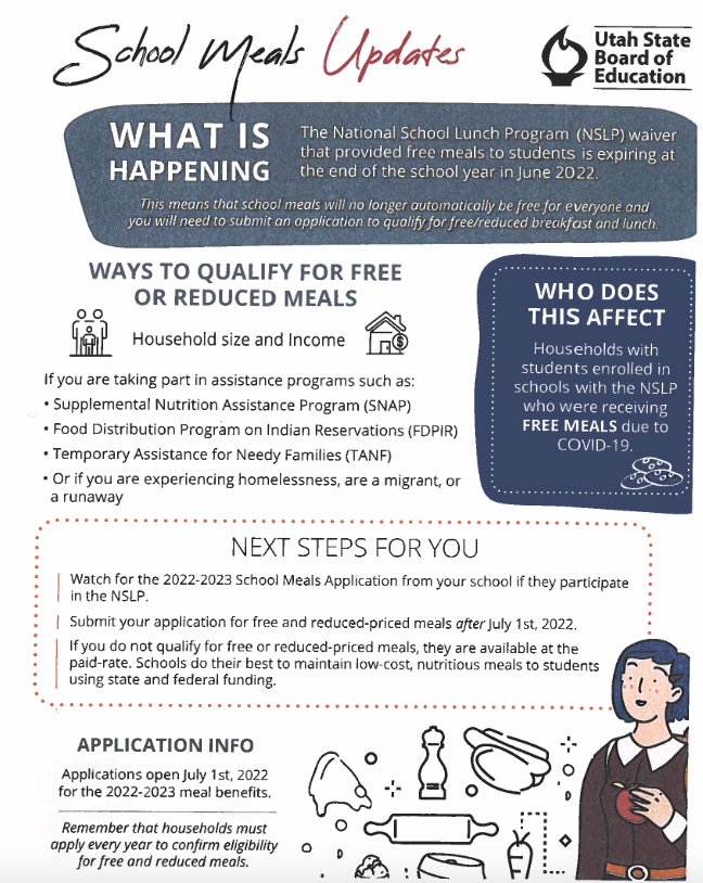 School meal updates flyer fron the state of Utah