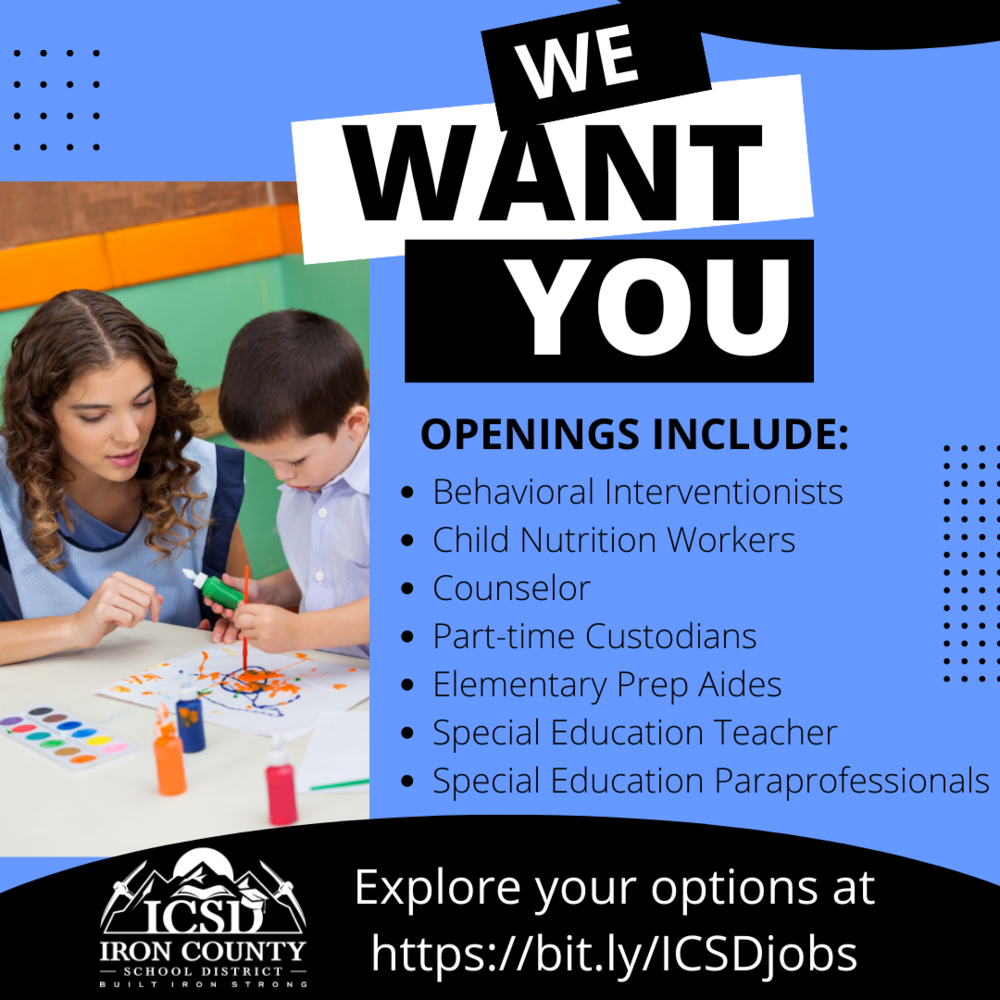 A list of open positions at the school district. It includes behavior interventionists, child nutrition workers, counselors, part time custodians, elementary prep aides, special education aides , and a special education teacher position.