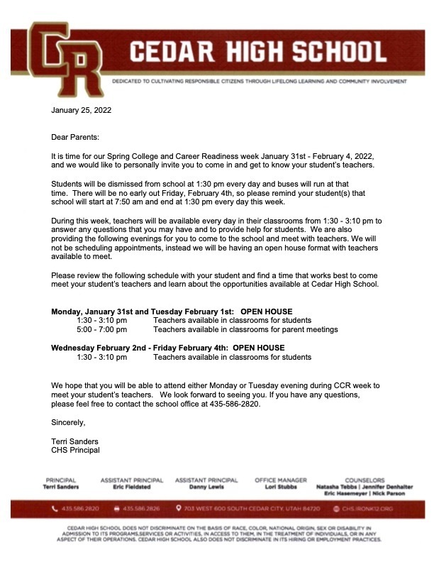CCR Letter from Principal Sanders